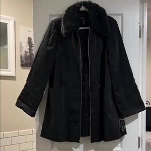 INC International Concepts Black Trench Coat with Faux Fur Collar